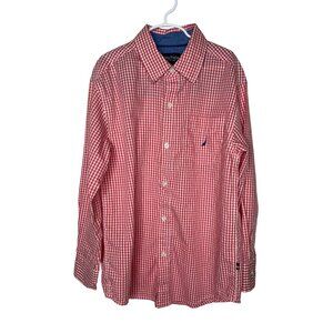 Nautica Boys Medium 10/12 Red Gingham Check Long Sleeve Button Down Shirt